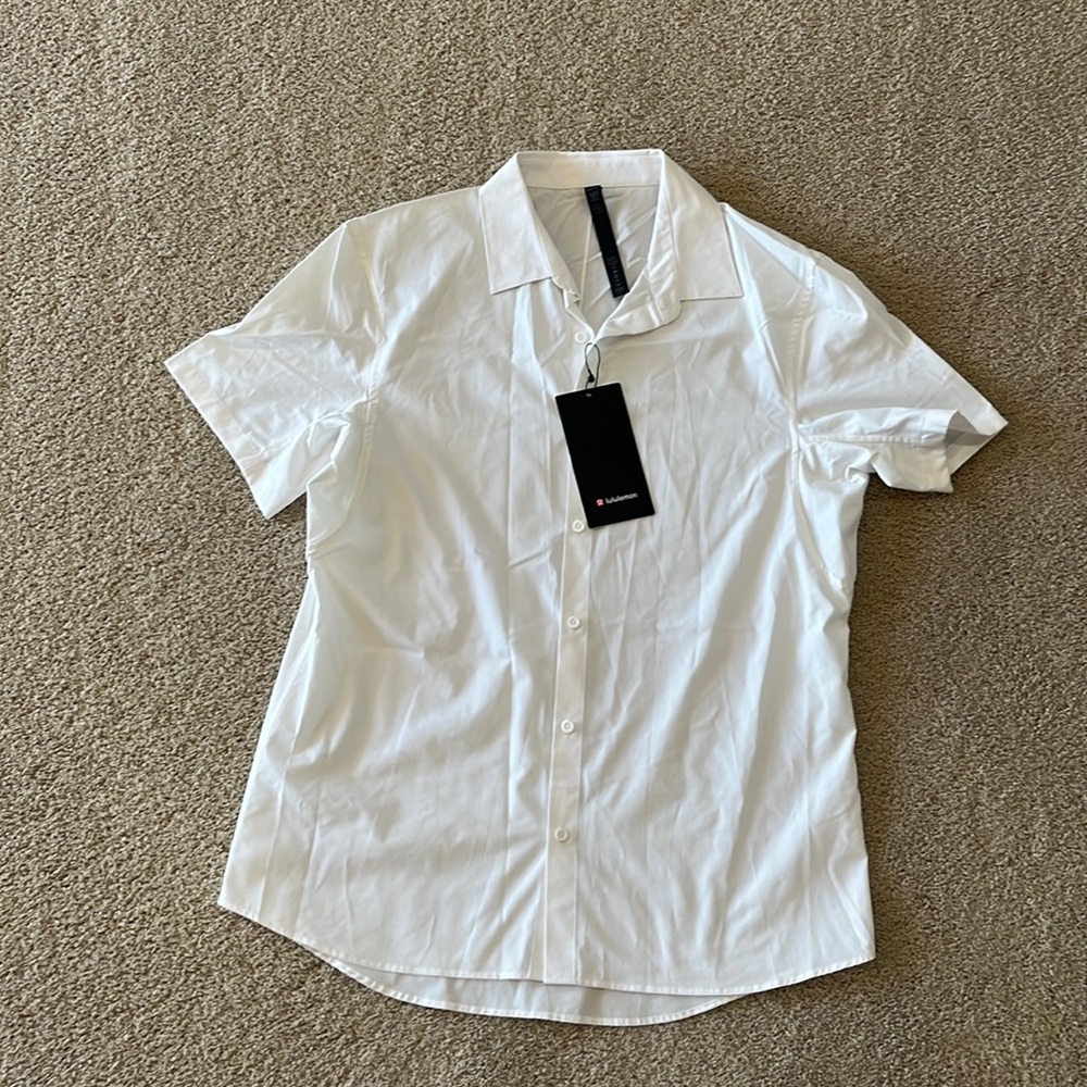Lululemon Short Sleeve Button Down White Shirt Size L Down to the Wire SS Shirt